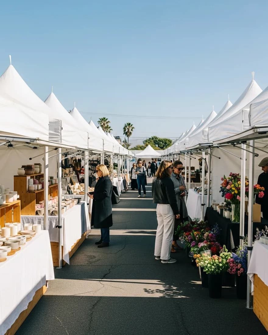 A clean modern open-air artisan market on a bright Southern California morning