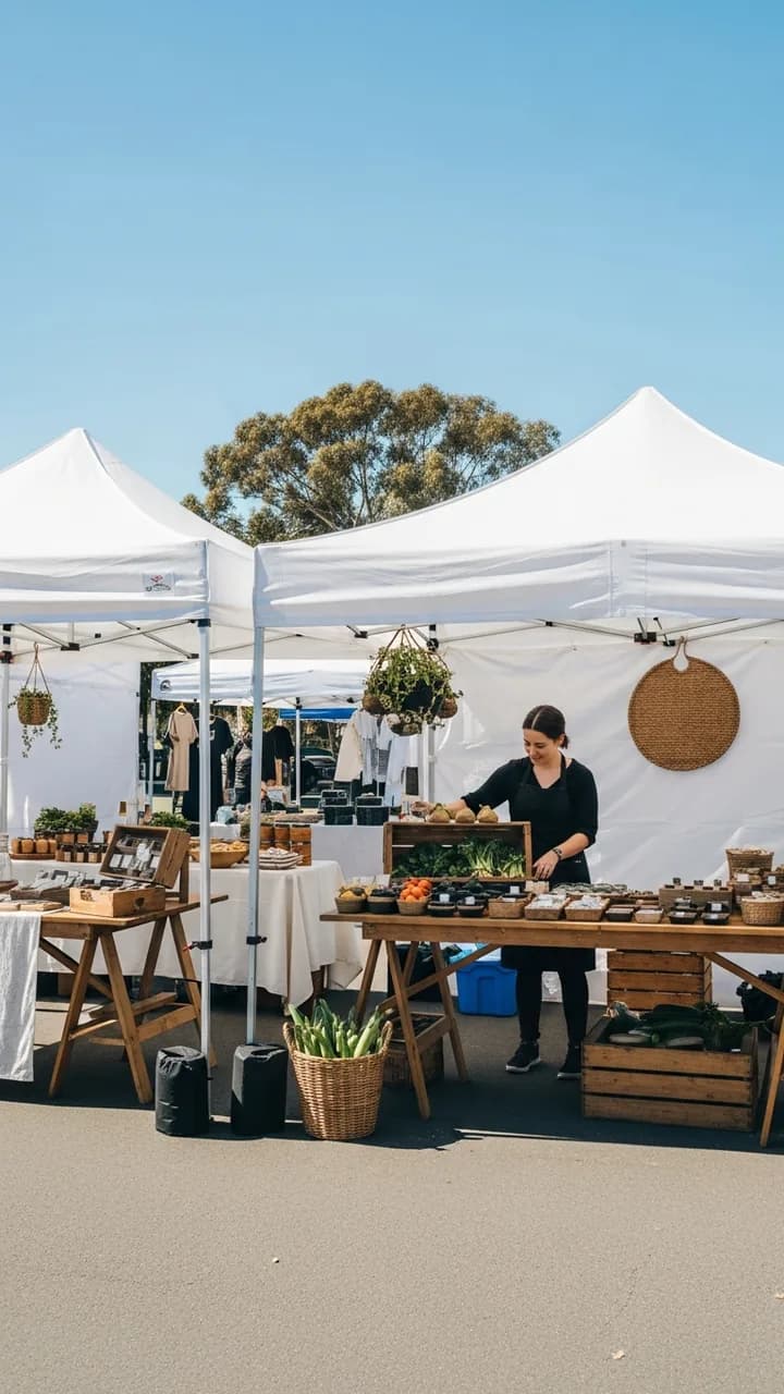 A Saturday morning market — sellers with products displayed at tables in warm Southern California sunlight