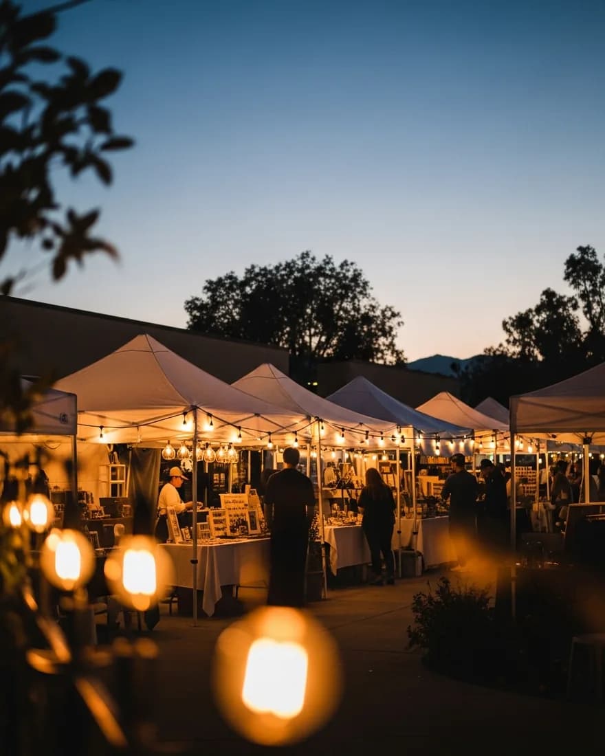 A Southern California open-air artisan market at blue hour as the string lights turn on